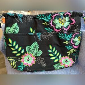Floral Quilted Drawsting Pull Bag - Black with Pink & Green